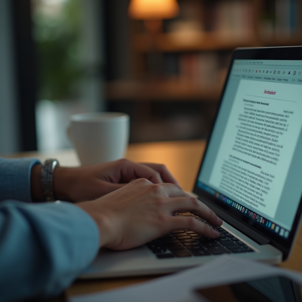 Close-up of hands typing on a laptop showing a LibreOffice document