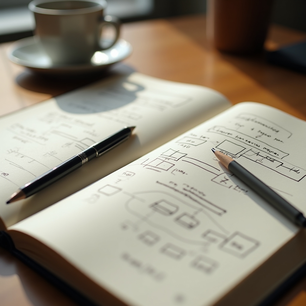 Notebook with a hand-drawn workflow diagram next to a coffee cup