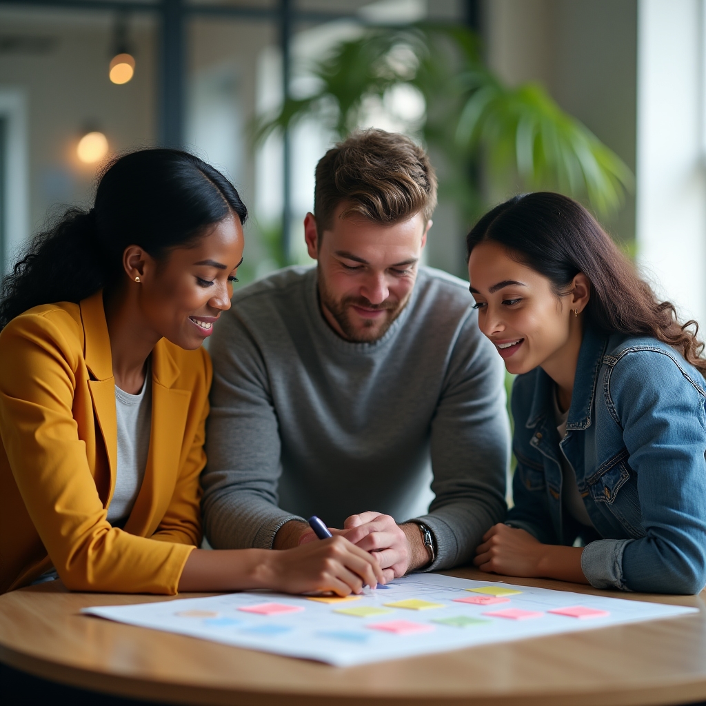 Colleagues gathered around a table discussing a project board