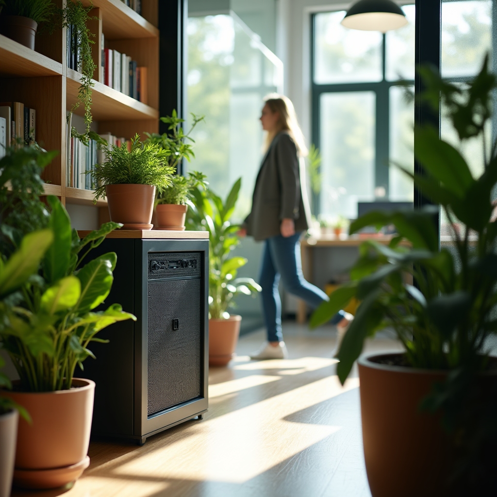Small server rack in a bright office alongside potted plants, representing a lean self-hosted setup
